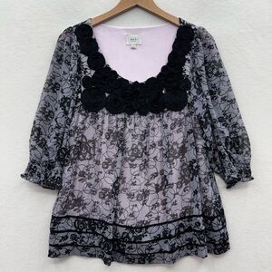 eci New York Top Women's 10 Black Pink Floral Motif 3/4 Slv Blouse